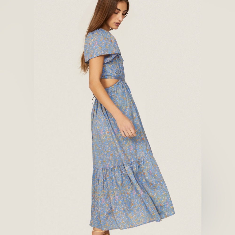 XíRENA Gabrielle Cutout Dress Size Large Blue Floral Midi V Neck Flutter Sleeve - Picture 9 of 16